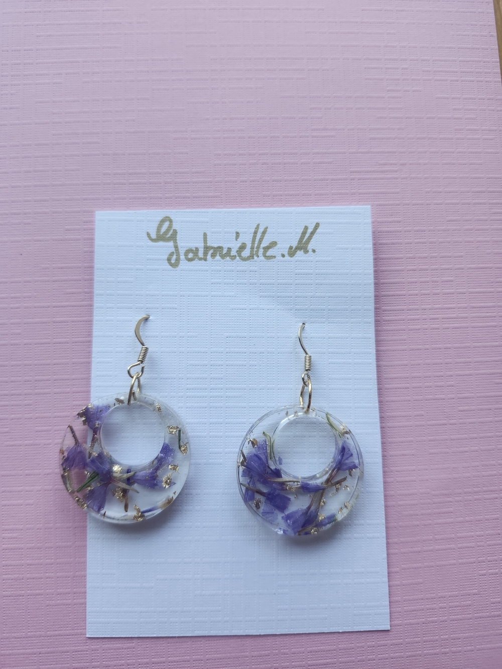Handmade Purple Floral Resin Hoop Earrings with Gold Fleck Accents